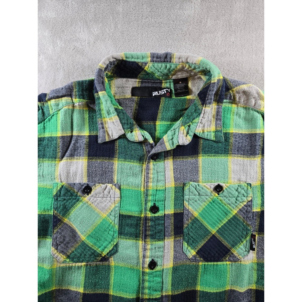 Rusty Flannel Shirt Mens Plaid Green Long Sleeve Button Up Pockets Y2K *Read